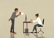 © fStop - Businessman with bullhorn yelling at businesswoman working at computer in office