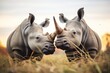 two rhinos locking horns in a field