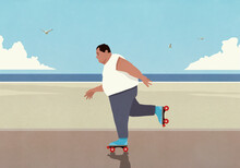 Overweight Man Roller Skating On Sunny Beach Boardwalk
