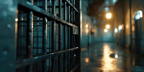 Poster - A person walks in the background of a jail cell. This image can be used to depict the atmosphere of a prison or criminal justice system
