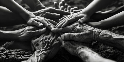 Poster - A group of people coming together and putting their hands together in unity. This image can be used to represent teamwork, collaboration, support, or community