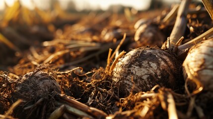 Poster - A bunch of onions laying on top of a field. This image can be used to depict agriculture, farming, or organic produce