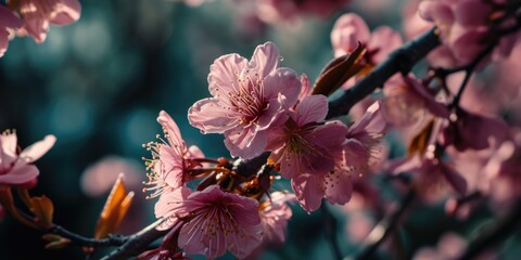 Poster - A close-up view of a pink flower on a tree. This picture captures the delicate beauty of nature. It can be used to enhance any project or design with a touch of elegance and femininity