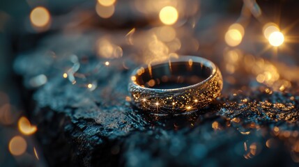 Poster - A detailed view of a wedding ring placed on a rock. Perfect for wedding invitations and jewelry advertisements