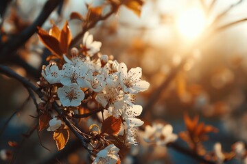 Aufkleber - Close up of a tree with vibrant flowers, with the sun shining in the background. Perfect for nature and outdoor-themed designs