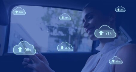 Poster - Animation of cloud icons with growing number over caucasian woman using smartphone