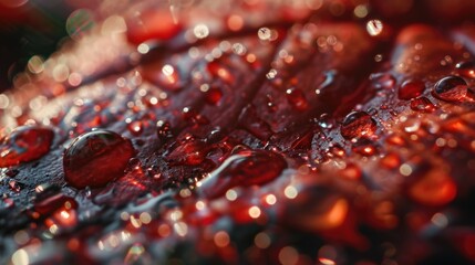 Poster - Close-up of water droplets on a leaf. Can be used to depict freshness, nature, or the beauty of water in nature.