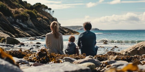 Poster - A family sitting on a rocky beach, enjoying the view of the ocean. Ideal for travel, vacation, and family-related projects