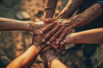 Leinwandbilder - A group of people joining their hands together in unity. Can be used to represent teamwork, cooperation, support, or community