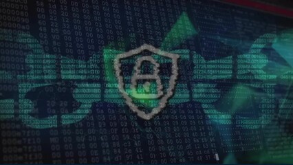 Poster - Animation of cyber attack warning text and data processing with padlock