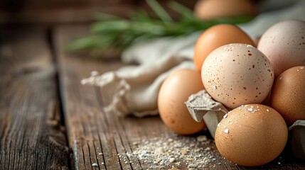 Wall Mural - Fresh farm eggs on a wooden rustic background 