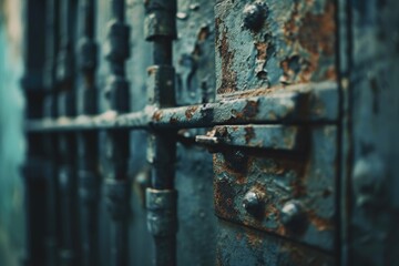 Poster - A close-up view of a rusted iron gate. Can be used to depict decay, abandonment, or as a background texture.