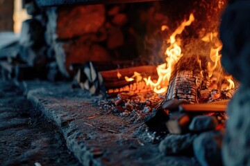Poster - A close-up view of a fire burning in a fireplace. This image can be used to create a cozy and warm atmosphere in various projects