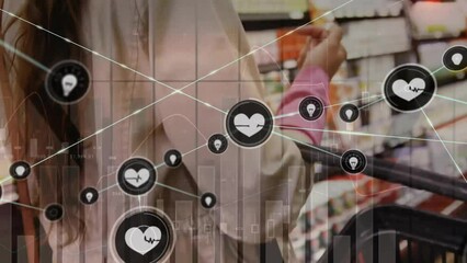 Poster - Animation of networks of connections with icons over caucasian woman shopping with basket