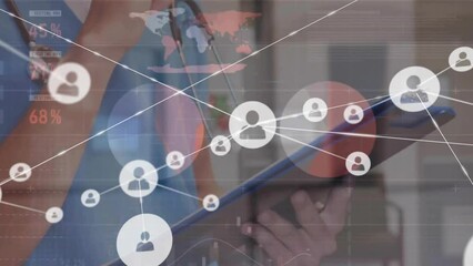 Poster - Animation of networks of connections with icons over caucasian female doctor writing