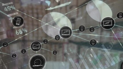 Poster - Animation of networks of connections with icons over warehouse