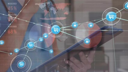 Poster - Animation of networks of connections with icons over caucasian female doctor writing