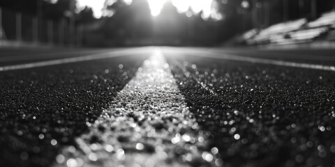 Poster - A black and white photo capturing a wet road. This image can be used to depict rainy weather, transportation, or urban landscapes