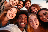 Fototapeta  - Diverse group of smiling friends taking a selfie in an autumn park.