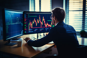 Wall Mural - Businessman analyzing financial data on monitors with stock market charts.