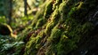 A picture of a moss-covered tree trunk in a serene forest. Can be used to create a calming and natural atmosphere in designs