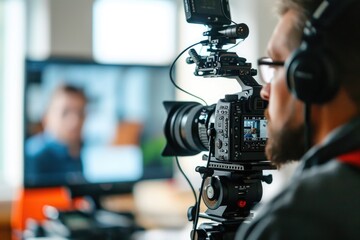 Poster - A man wearing headphones is using a camera to film a video