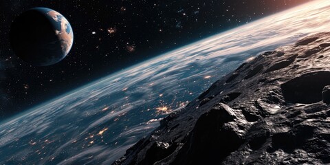 Poster - A captivating view of planet Earth as seen from the orbit of the moon. Perfect for science enthusiasts or space-related projects