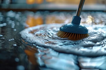 Poster - A close-up view of a brush gently touching the surface of water. Ideal for illustrating concepts of creativity, art, painting, and watercolor techniques
