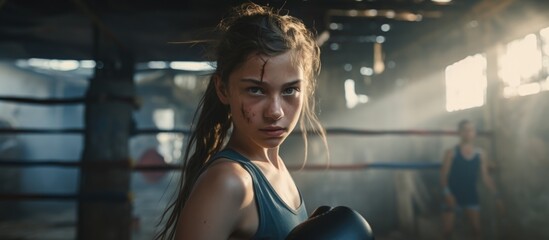 Poster - Young lady practicing boxing in a dilapidated structure.