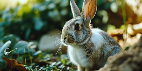 Poster - A rabbit sitting in the grass near a tree. Suitable for nature-themed designs and illustrations