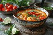 Asian soup with seafood. Tom Yam soup with shrimp in bowl. 