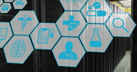 Poster - Animation of network of medical icons and data processing over computer servers