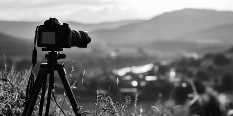 Poster - A black and white photo of a camera on a tripod. This versatile image can be used in various projects