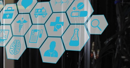 Poster - Animation of network of medical icons and data processing over computer servers