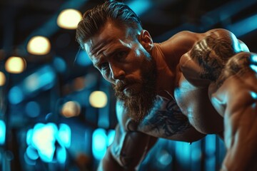 Poster - A man with a beard doing push ups in a gym. Perfect for fitness and exercise concepts