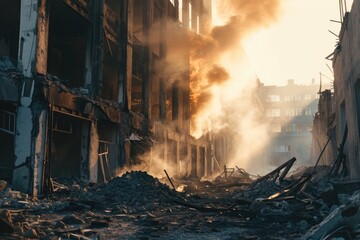 Poster - A picture of a building that is heavily damaged and covered in rubble. Can be used to depict destruction, abandoned places, or the aftermath of a disaster