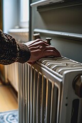 Aufkleber - A person's hand placed on a radiator in front of a window. Suitable for home interior themes and energy efficiency concepts