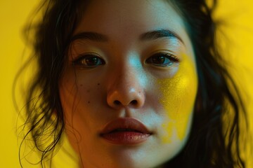 Poster - A woman with yellow paint on her face. Perfect for artistic projects and Halloween-themed designs