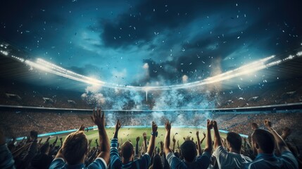 football Fans in red shirt show hands celebration on big stadium during football game