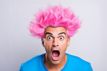 Wall Mural - Pink hair. Young shocked guy wearing casual clothes and glasses celebrating shocked of surprised open eyes wide. What just happened. Portrait of a shocked young man wears glasses on colour background.