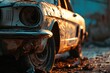 An up-close view of an old car lying on the ground. Can be used to depict abandonment, vintage automobiles, or a rusty relic