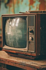 Poster - An old television set placed on a sturdy wooden table. This vintage piece adds a touch of nostalgia to any room. Perfect for retro-themed designs or showcasing the evolution of technology