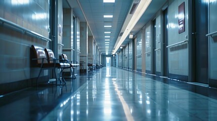 Poster - A long hallway with a few chairs. Perfect for office or waiting room settings