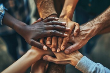 Leinwandbilder - A picture of a group of people joining their hands together in unity. This image can be used to represent teamwork, collaboration, support, friendship, or unity in various contexts