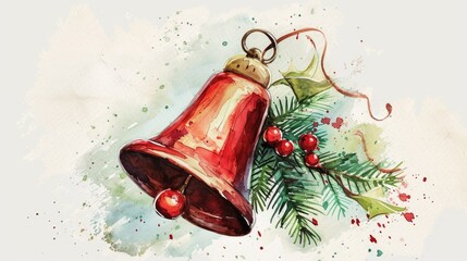 Poster - A beautiful watercolor painting of a Christmas bell and holly leaves. Perfect for holiday-themed designs and decorations