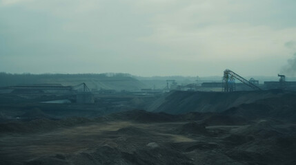 Coal mining industrial landscape. Heavy pollution, smoke, dust, ruined ecosystem. Generative AI