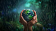 Hand hält Weltkugel aus Glas mit Regentropfen für den Naturschutz auf dunklen Hintergrund für die Natur retten Nahaufnahme, ai generativ