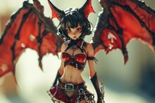 Beautiful Demon Girl, Young Woman With Wings And With Horns In Red And Black, Devil And God