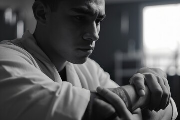 Poster - A man sitting at a table, focused on checking the time on his watch. Suitable for illustrating punctuality or time management concepts