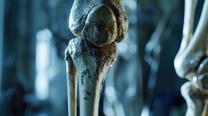 Aufkleber - A detailed close-up of a bone with a skeleton visible in the background. This image can be used to depict anatomy, Halloween, horror, or medical concepts